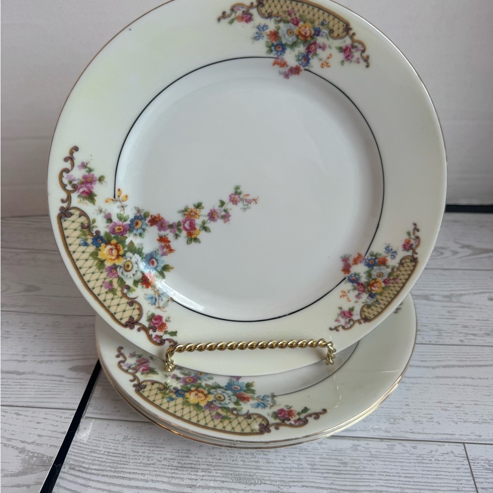 Classic Floral Gold-Trim Porcelain Plate - White with Multicolor Flowers